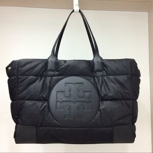 Tory Burch Ella LARGE Puffer Tote Purse Puffy Quilted Black Shoulder Bag Handbag